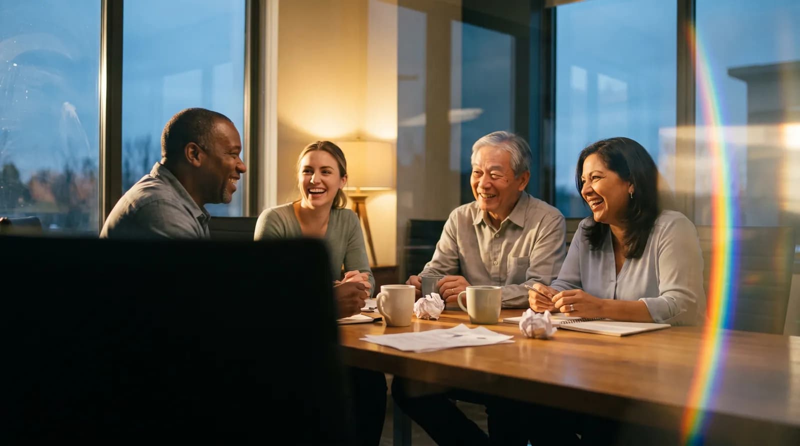 A small team laughing together in a meeting room at golden hour, seen through its glass wall.