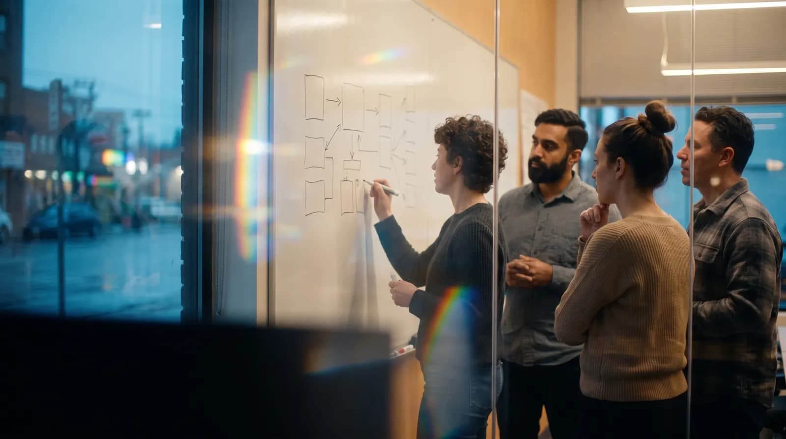 An engineering team gathered at a whiteboard of diagrams, one person writing, seen through a glass wall.