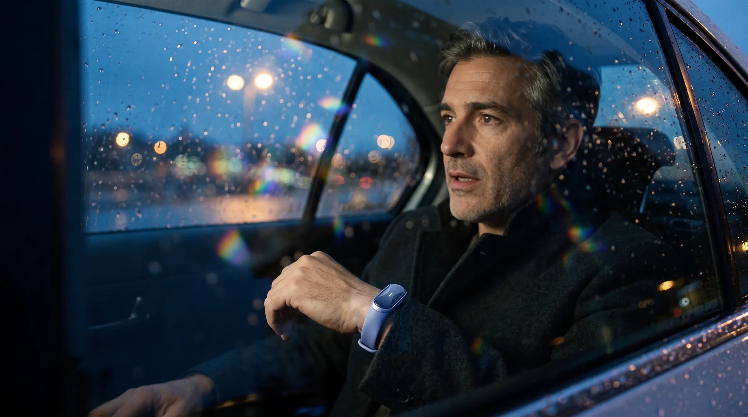 Seen through a rain-flecked car window at dawn, a man in the back seat talks a thought through, a Sierra Blue Ona Band on his wrist
