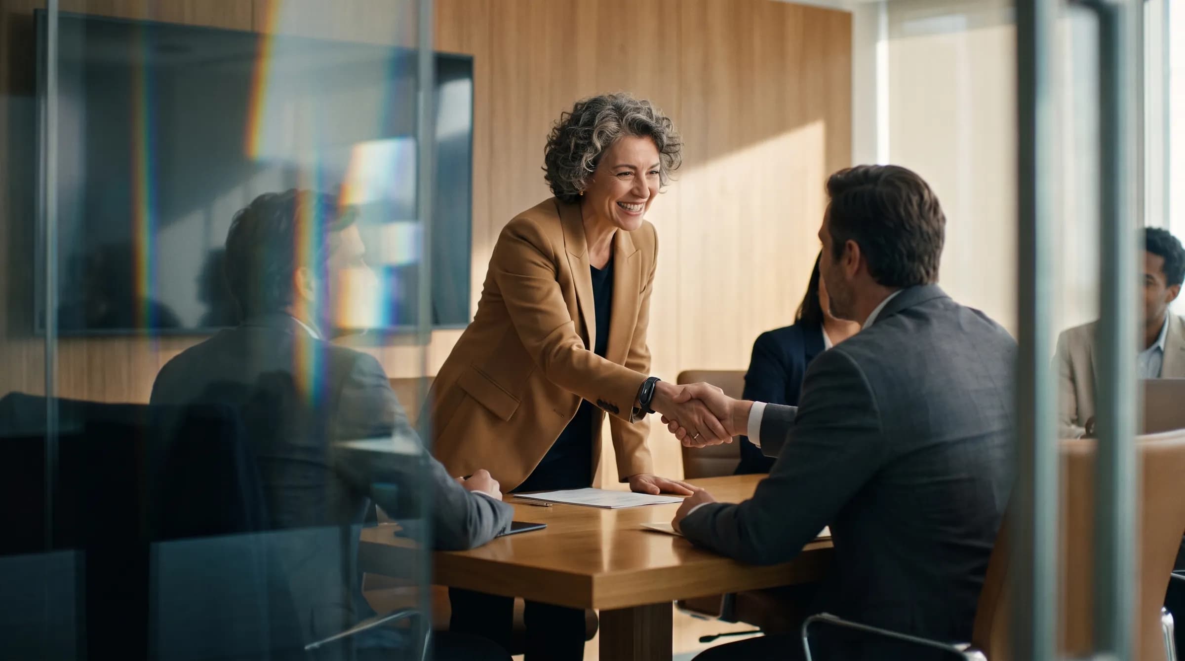 Through a boardroom's glass wall, an advisor in a camel blazer wearing an Ona Band shakes a client's hand across the table