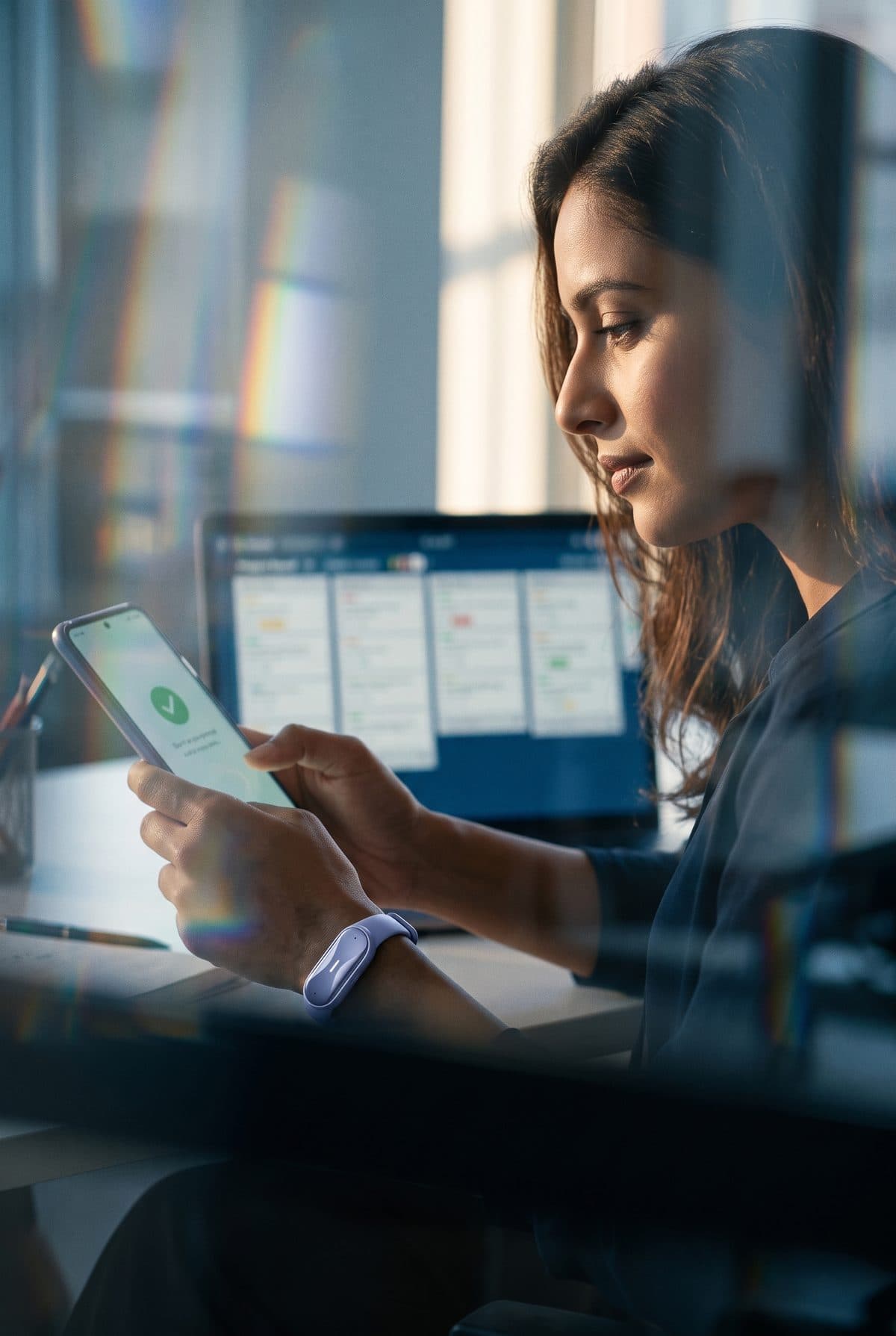 Through a sunlit glass partition, a woman approves a drafted task list on her phone with one tap, a project board open on her laptop behind and a Sierra Blue Ona Band on her wrist