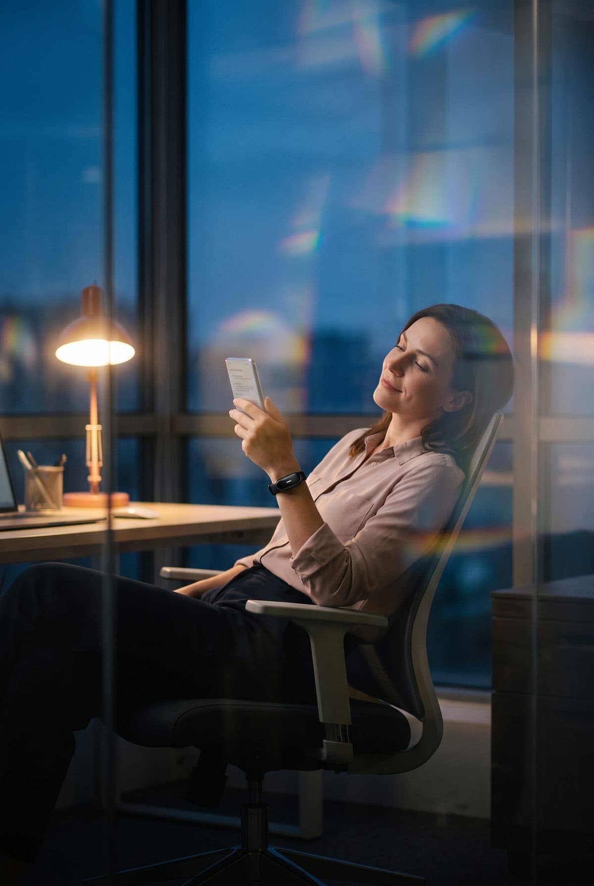 At dusk, a woman leans back in her office chair reading a meeting summary on her phone, an Ona Band on her wrist