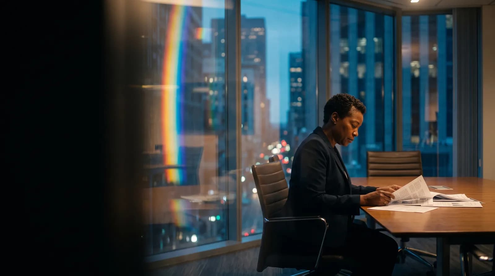 An executive working late at a long boardroom table, seen through its glass wall with the city lit up behind.