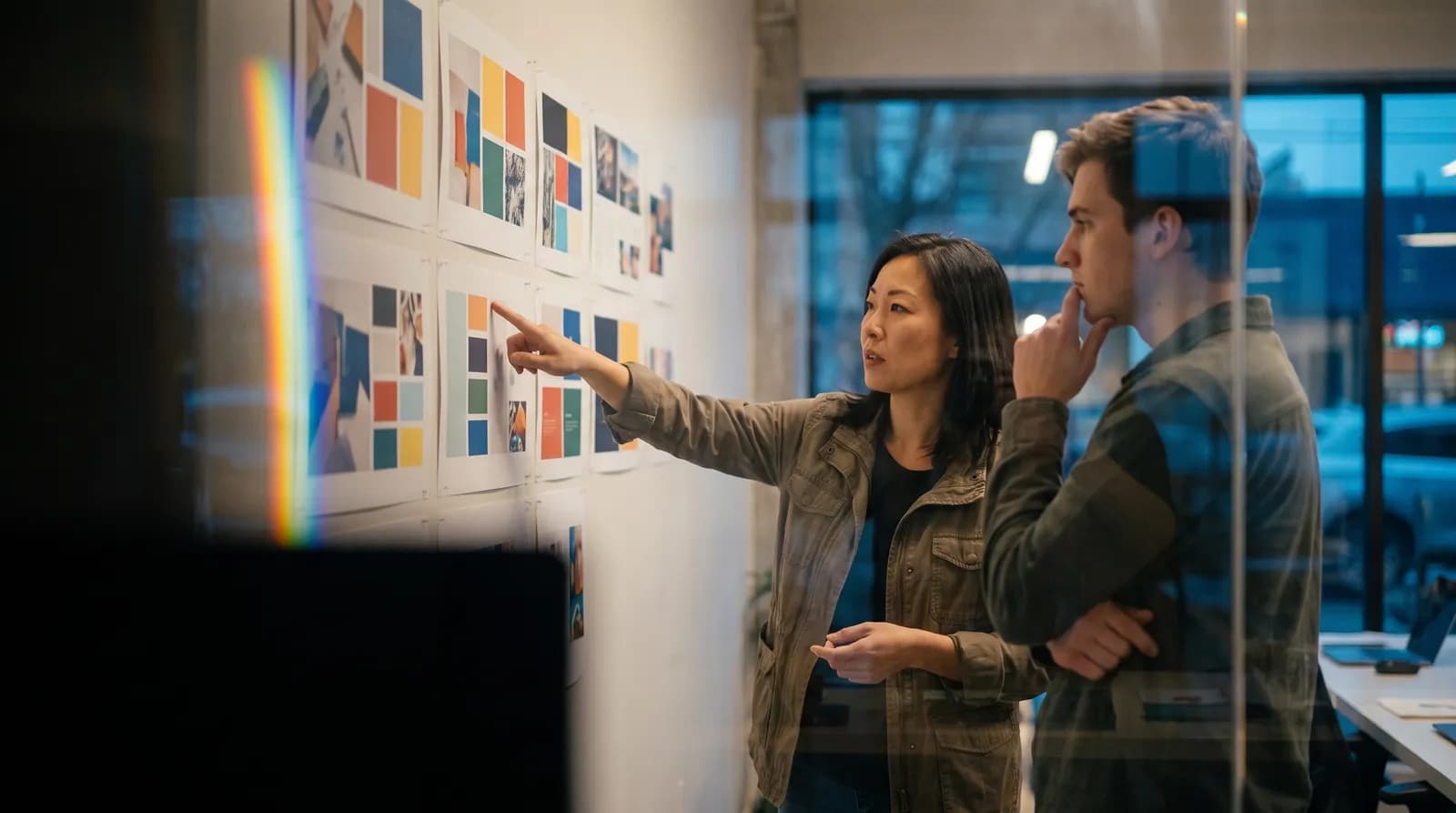 Two designers at a wall of pinned layouts, one pointing at a print, seen through a studio's glass partition.