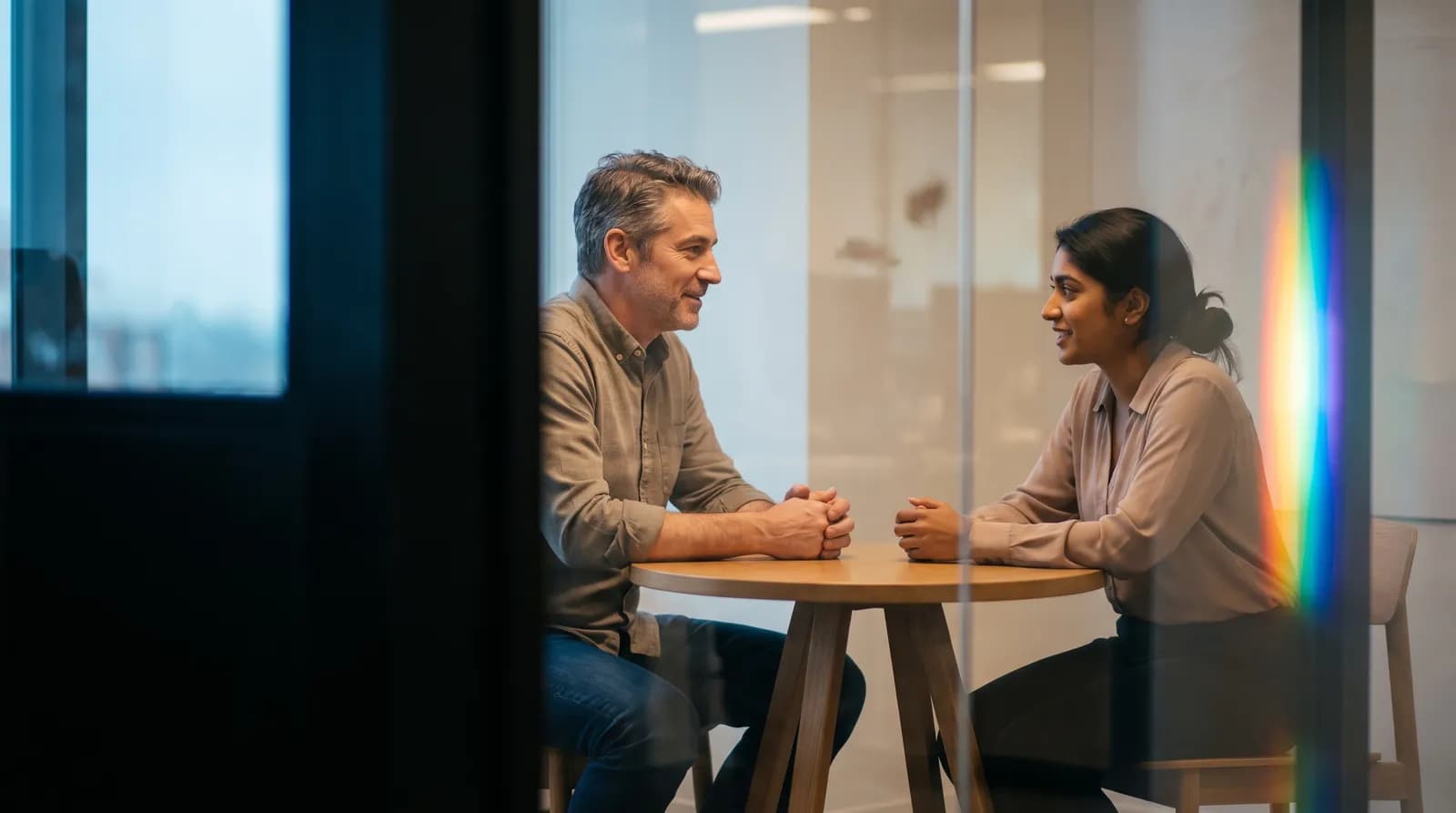 Two people agreeing at the start of a conversation at a small table, seen through a glass meeting-room wall.