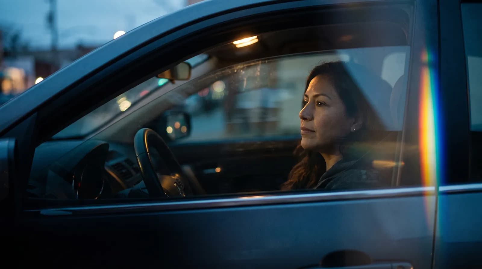 A person in a parked car at dusk after a call, seen through the side window streaked with evening light.