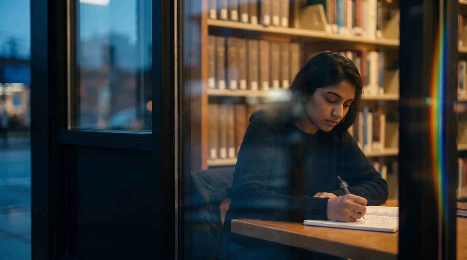 A student writing questions in a notebook at a library window desk, seen from outside through the glass.