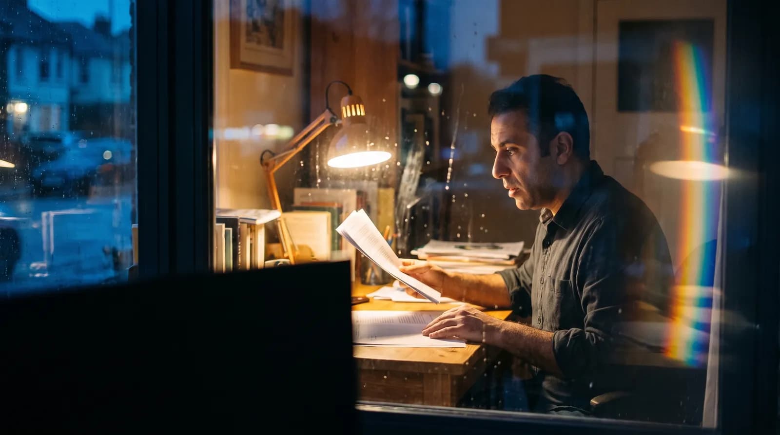 A researcher reading intently at a lamp-lit desk late at night, seen through an office window.