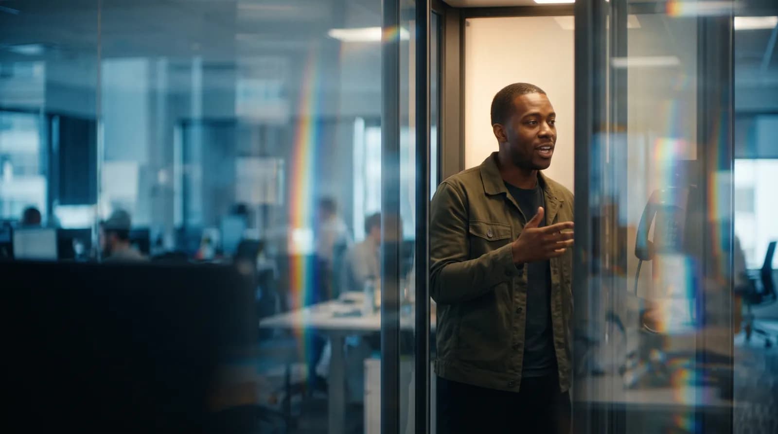 A person mid-sentence in a glass office phone booth, gesturing as they talk.
