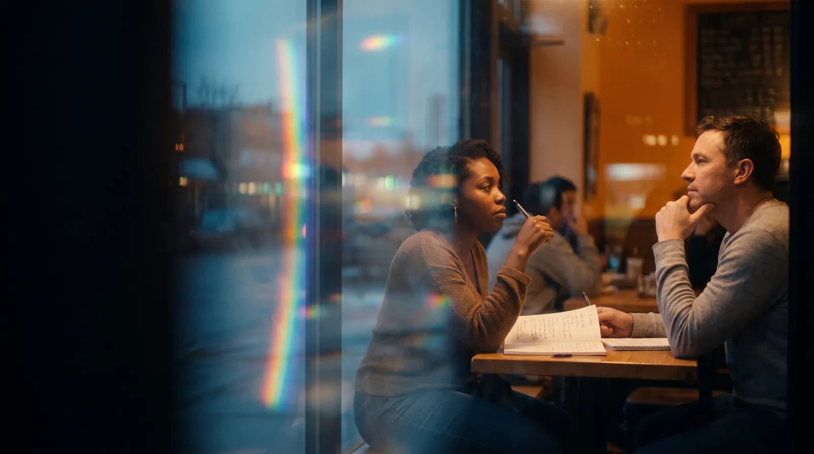 Two people weighing up a decision over notes at a café table, seen through the café window.