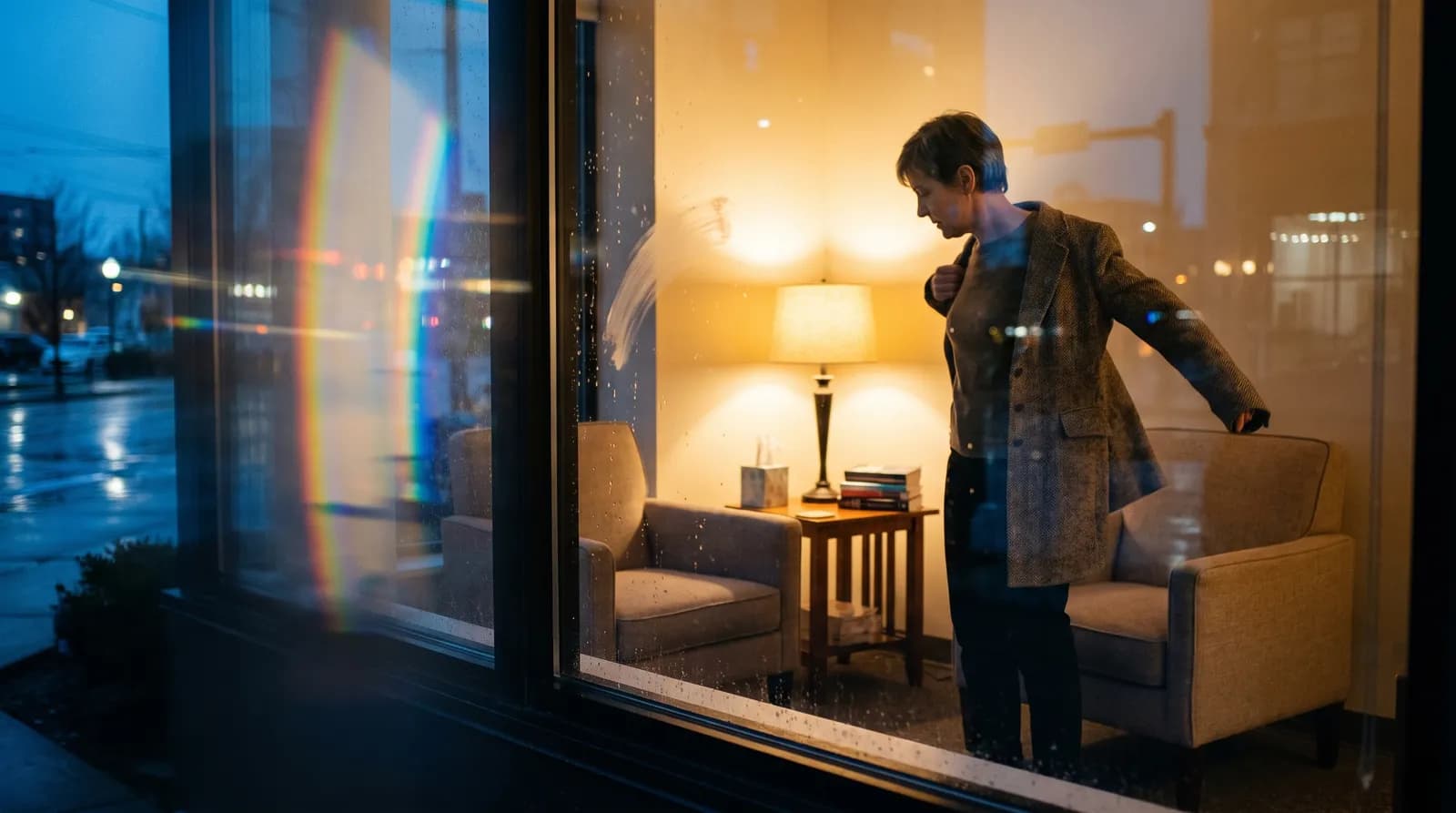 A practitioner leaving an empty consulting room at the end of the day, seen through its window.