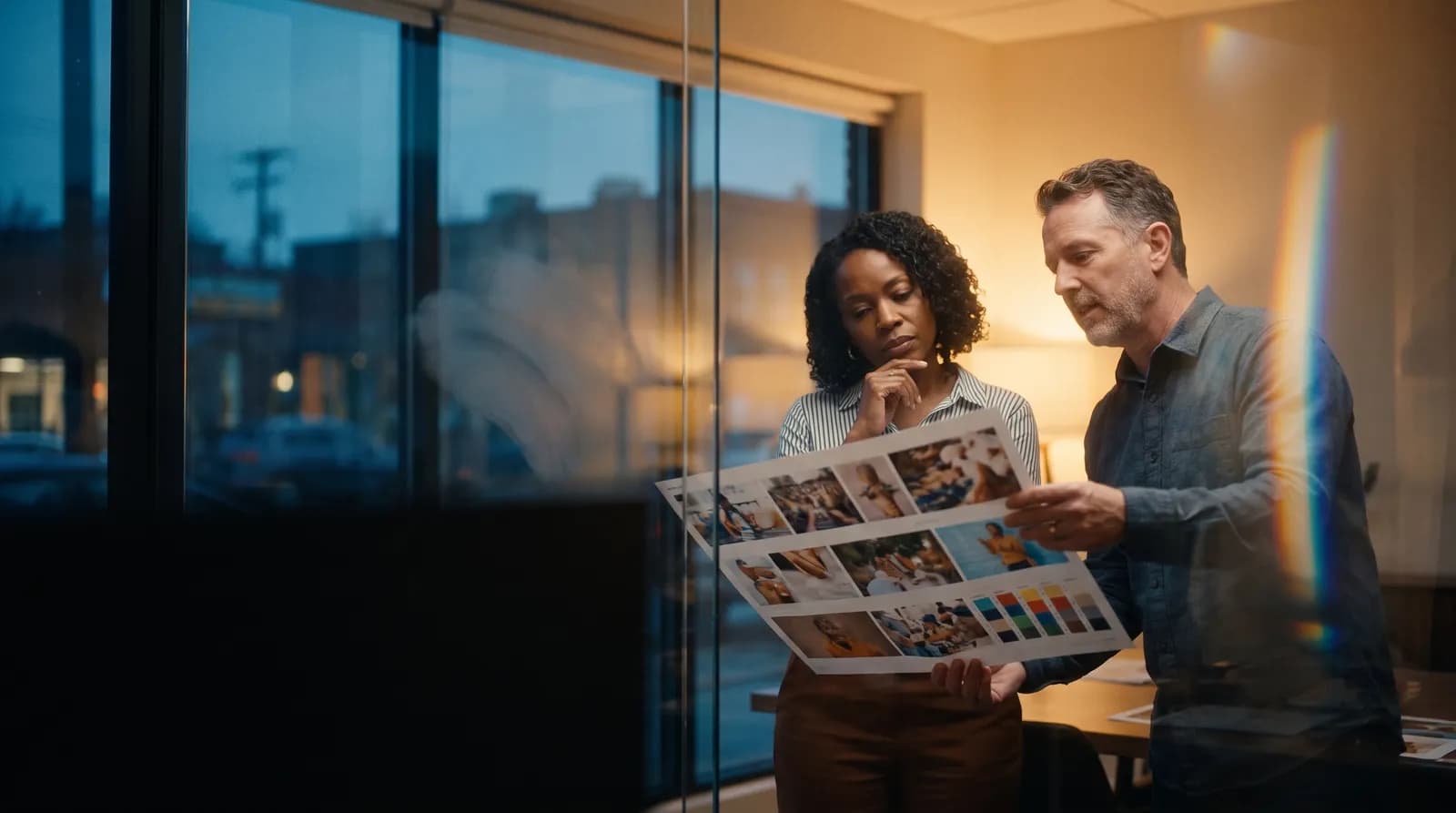 A creative director and a client studying a large printed proof in a studio, seen through the glass.