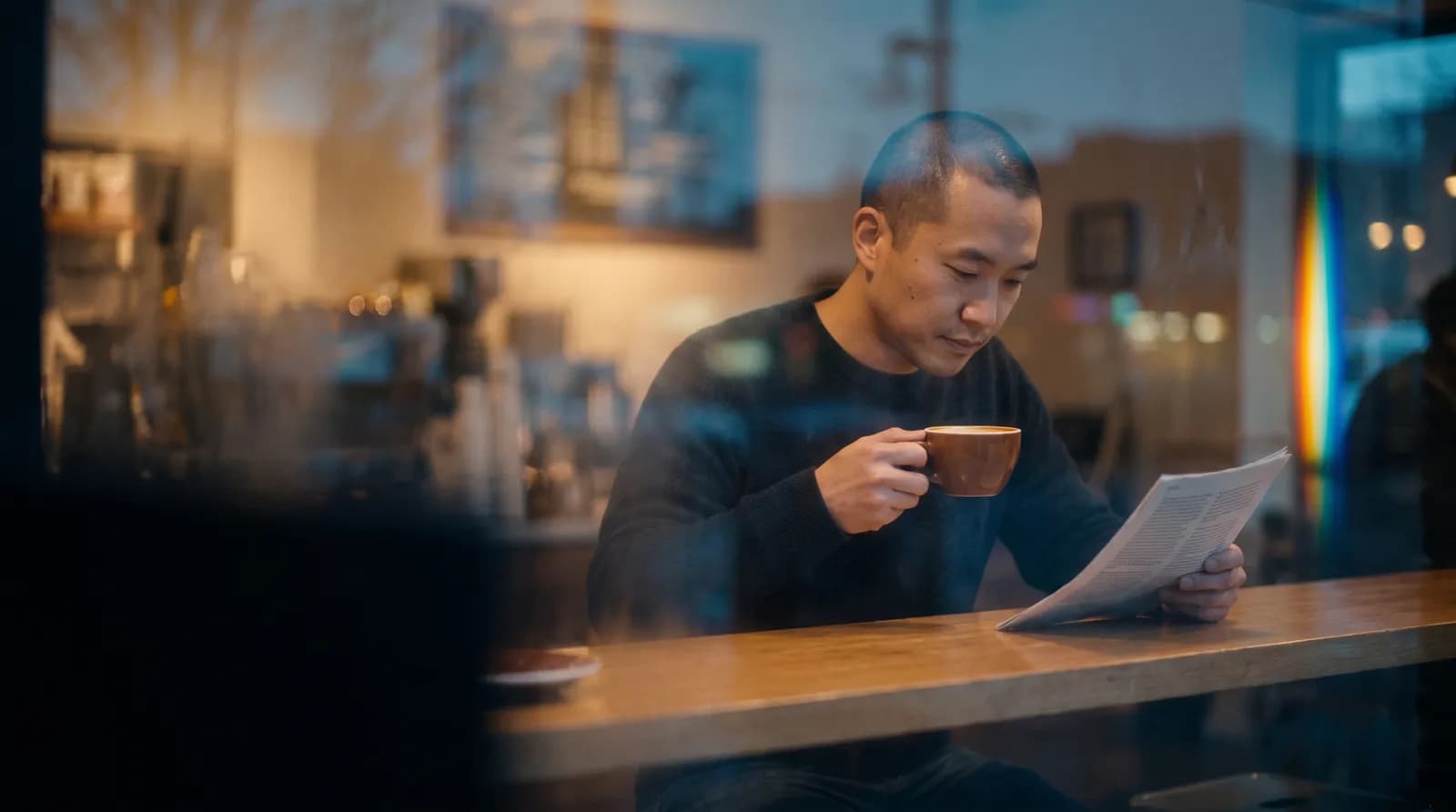 A person reading a single printed page with morning coffee at a café counter, seen through the window.