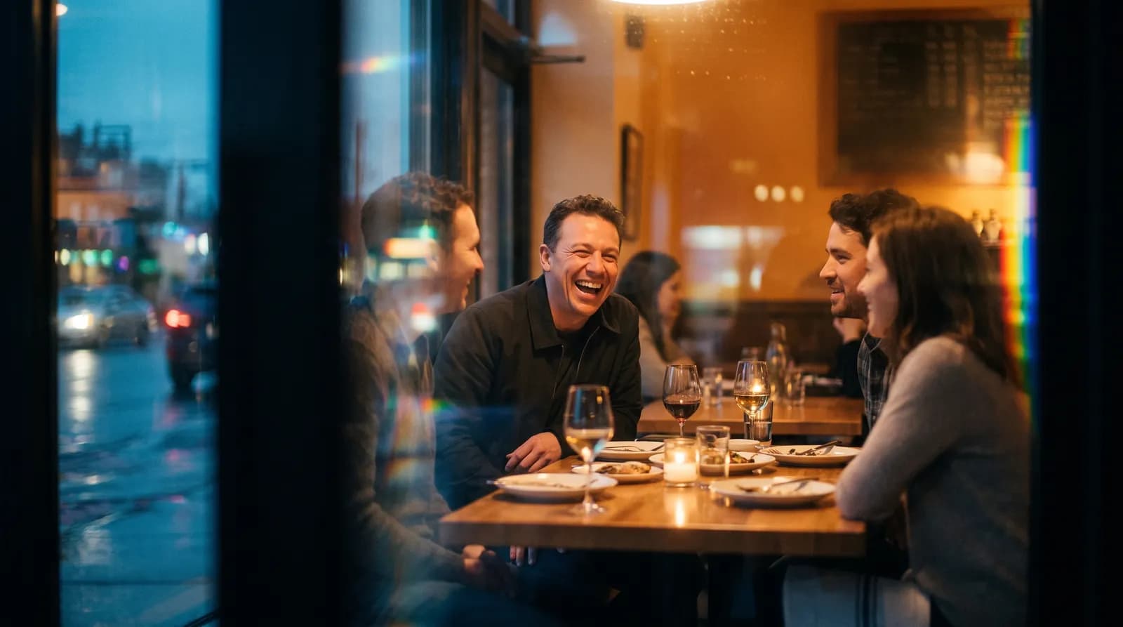 A person fully caught up in conversation with friends at a dinner table, seen through a restaurant window.