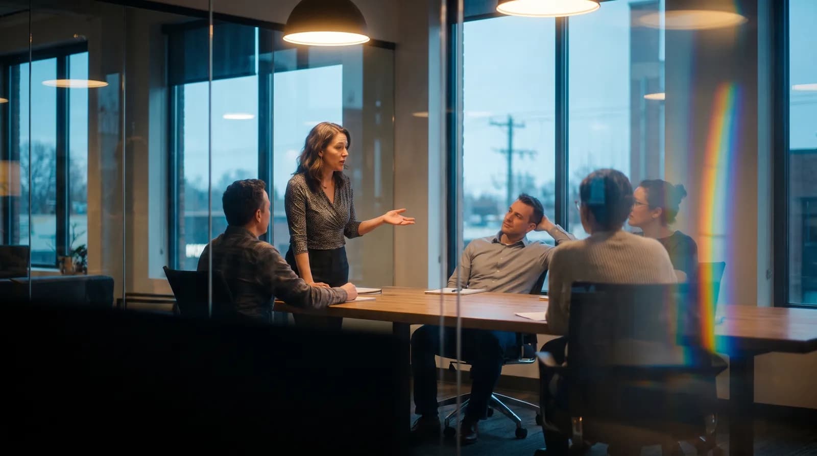 A person explaining something again at the head of a meeting table while colleagues wait, seen through the glass.