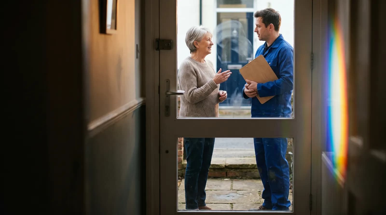 A person talking with a tradesperson at their front door, seen from inside through its glass panel.