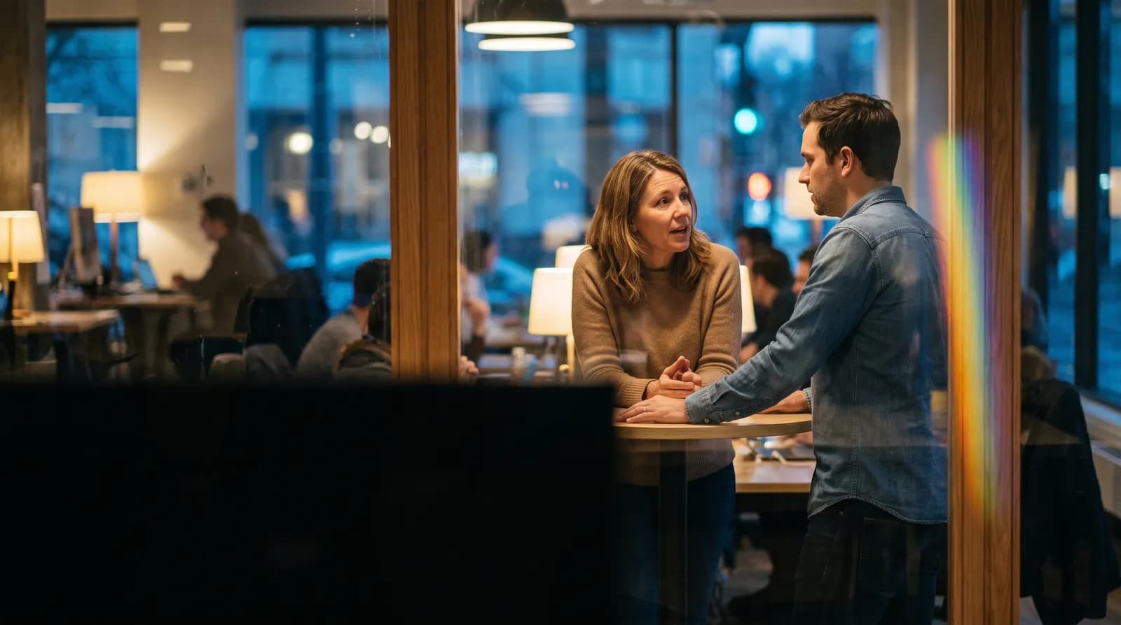 Two people in conversation at a standing table in a busy co-working space, seen through glass.