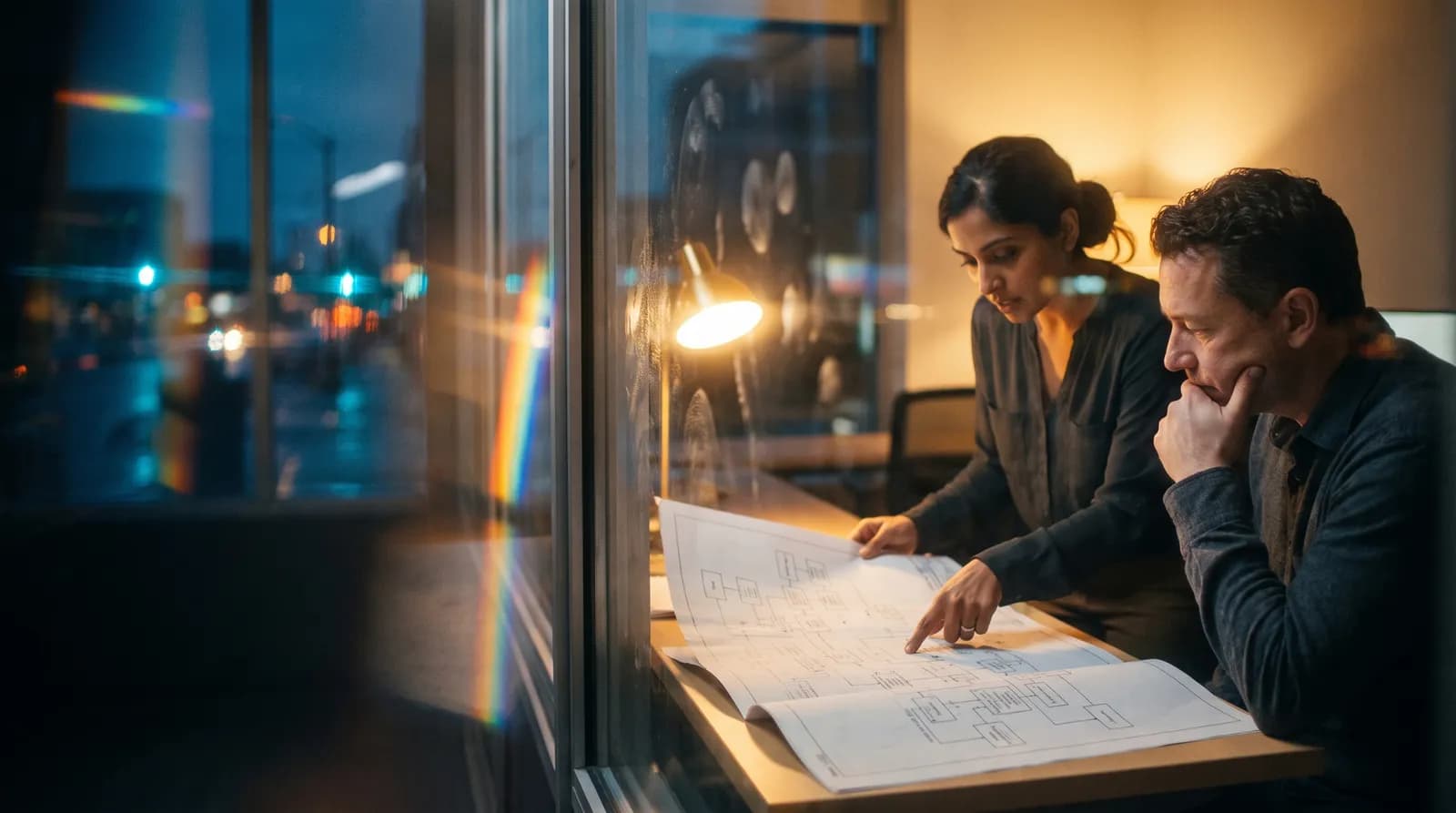 Two engineers talking over a printed architecture diagram late in the evening, seen through the glass.