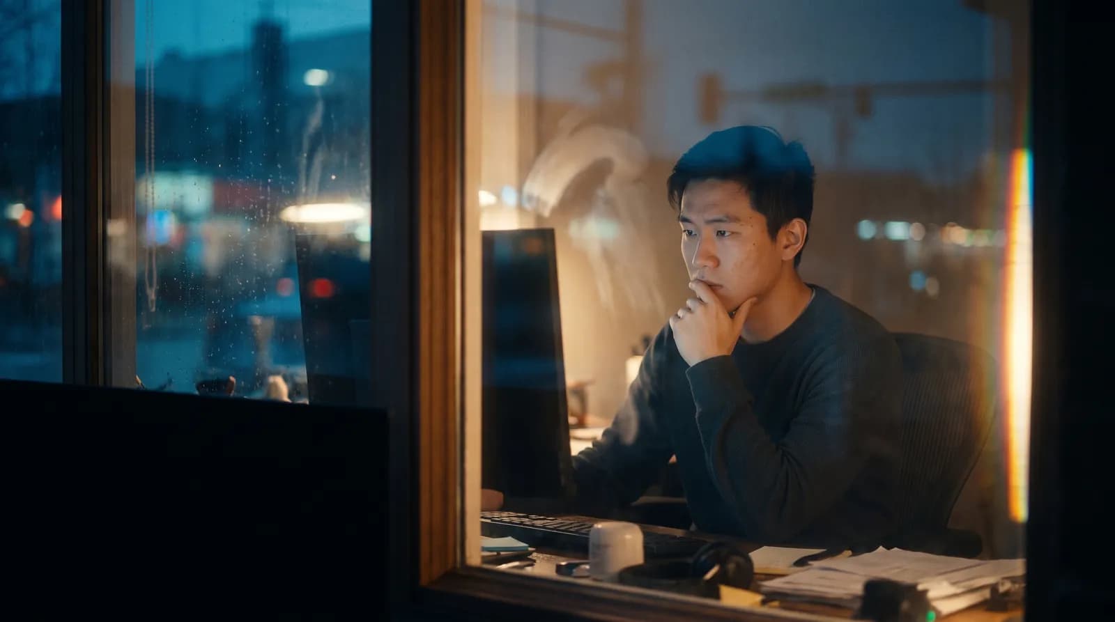 A developer thinking at a desk by a window at night, seen from outside through the glass.