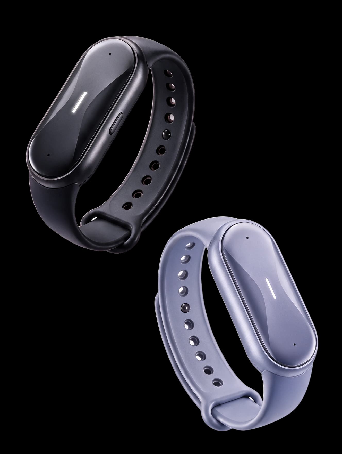 Two Ona Bands, black and Sierra Blue, their ambient LEDs lit