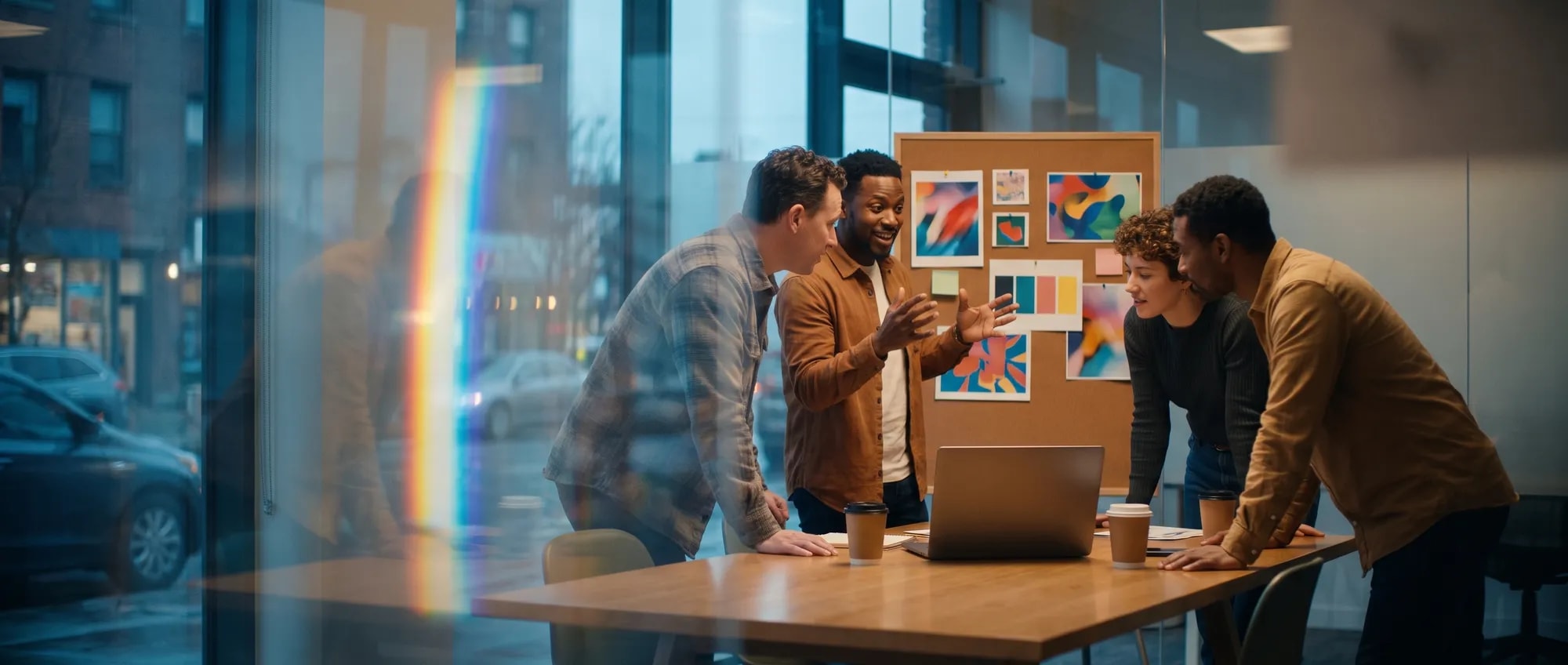 A product team talking through pinned design cards in a glass meeting room.