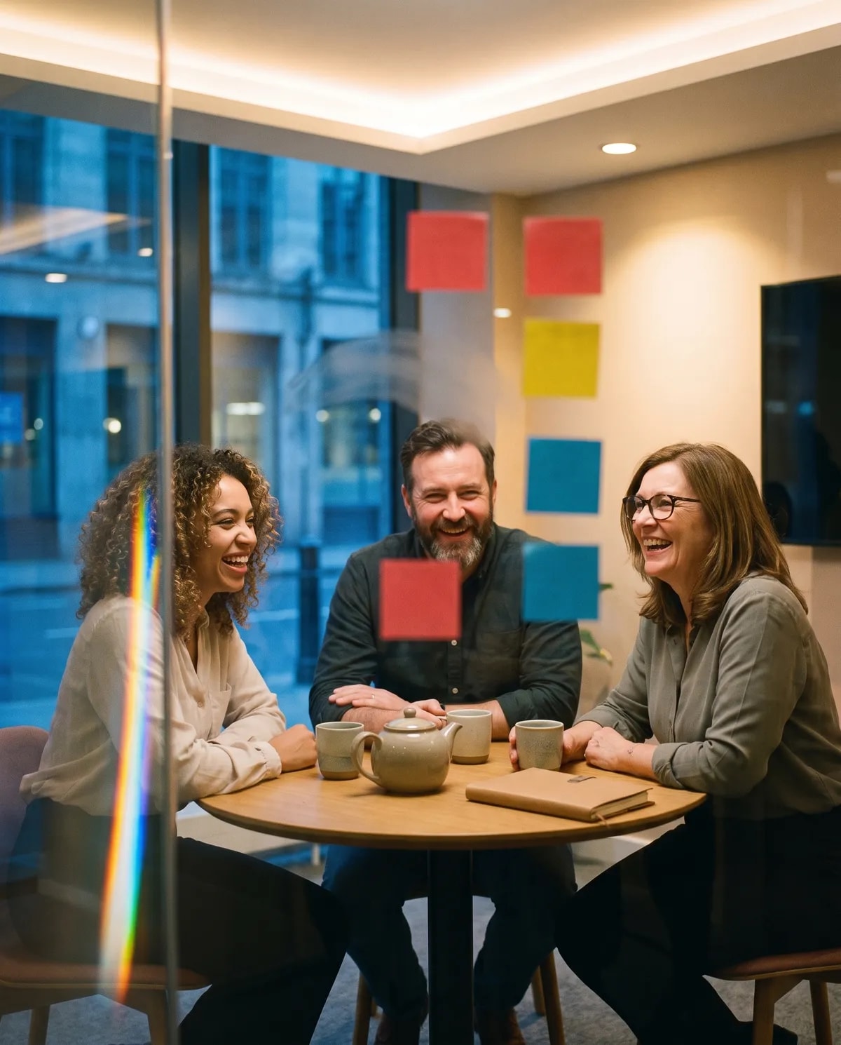 Three colleagues laughing together over tea in a small glass meeting room.